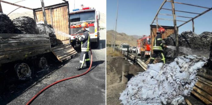مهار حریق تریلر چرم صادراتی در محور مشهد-تربت حیدریه